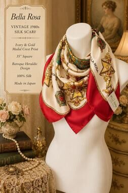 Vintage 1980s Bella Rosa Silk Scarf  Ivory Gold Medal Crest 35” Baroque Heraldic